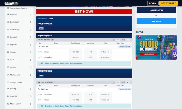 An image of the betting screen from BetUS, a popular online sportsbook for betting on rugby.